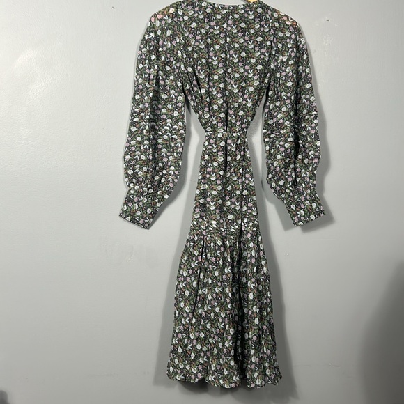 Joie Gabrielle Midi Cotton Tiered Skirt Balloon Sleeves Belted V Neck Dress sz 4 - Picture 4 of 17